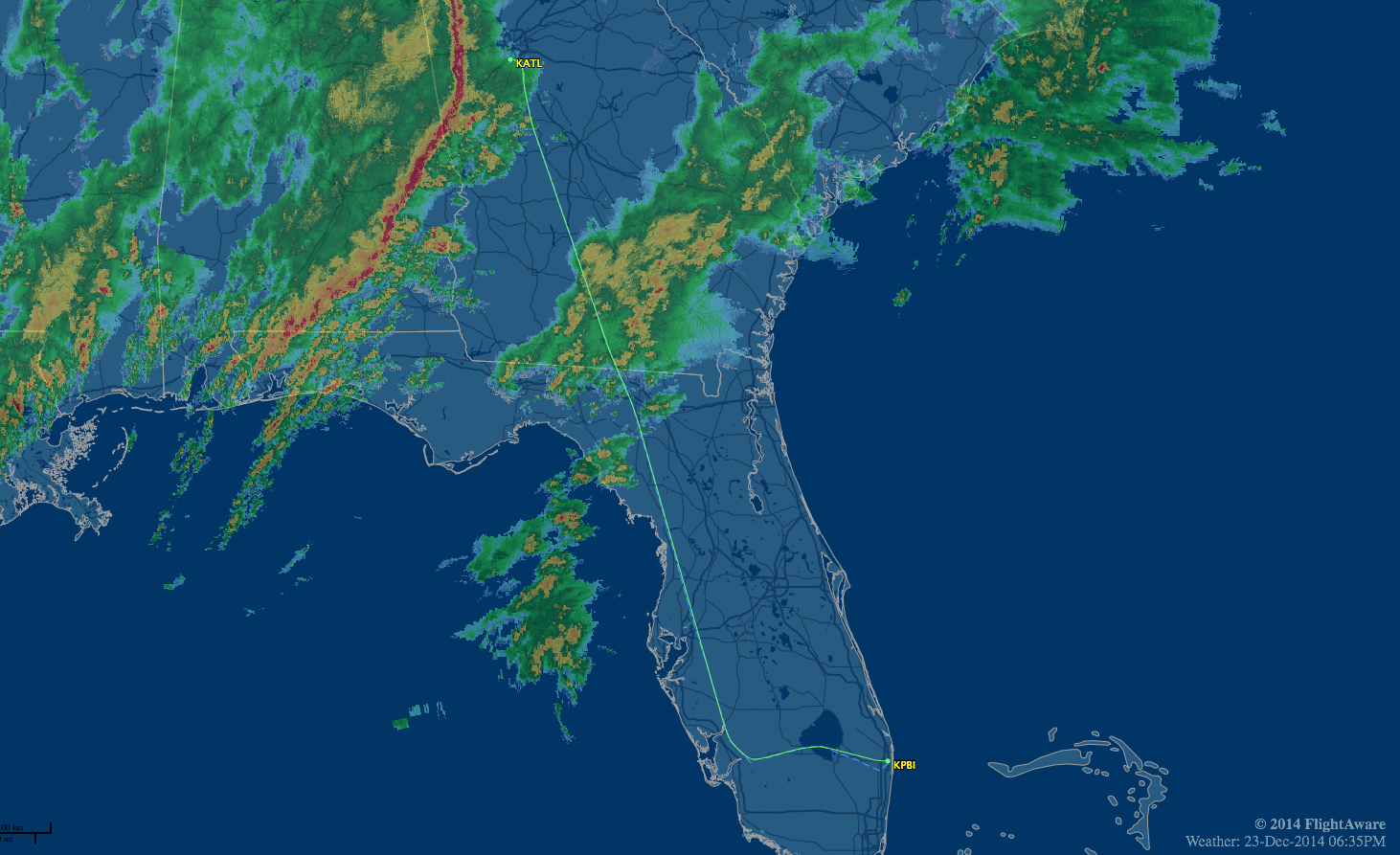 The route for tonight's flight to PBI