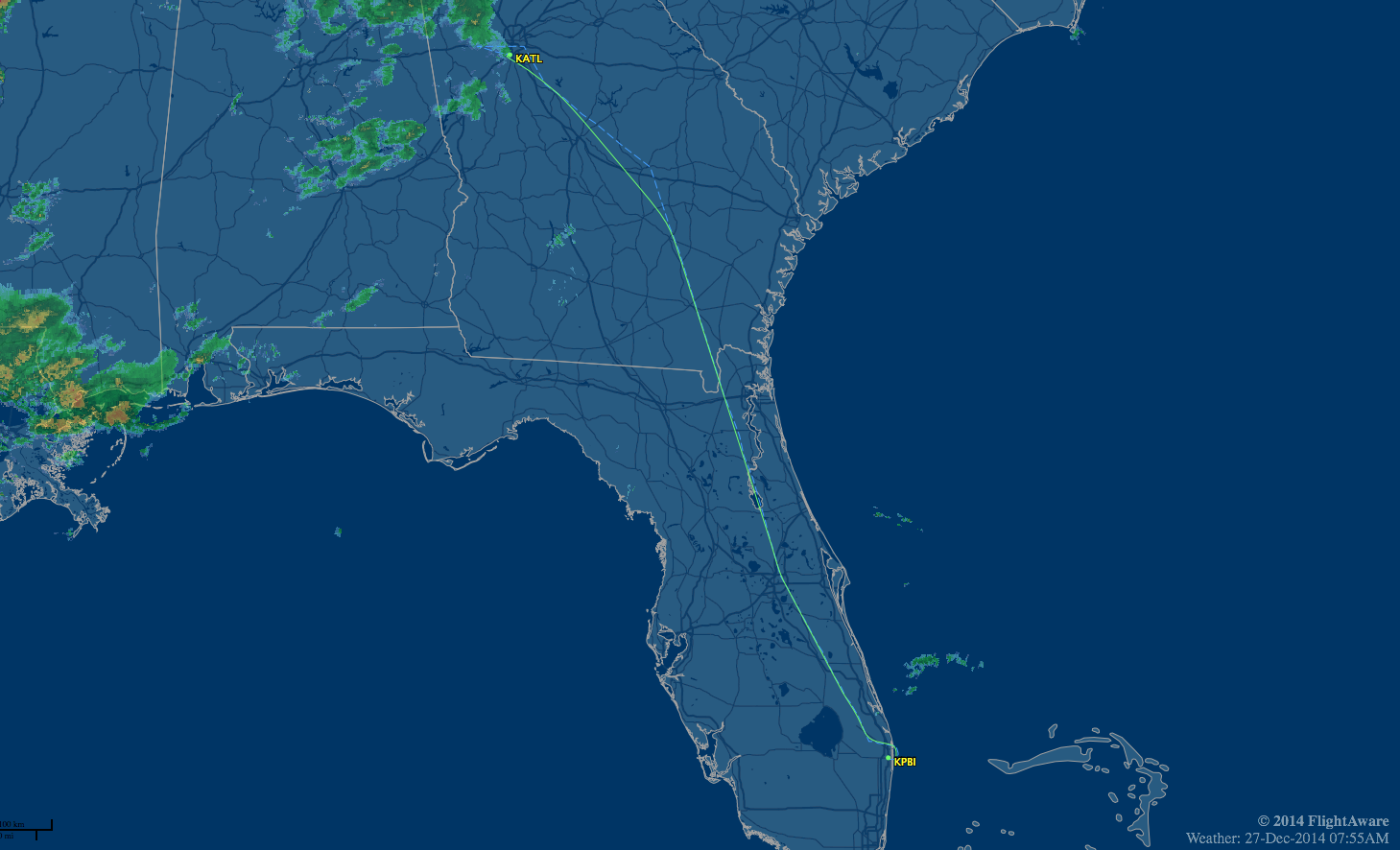 route map pbi-atl showing weather