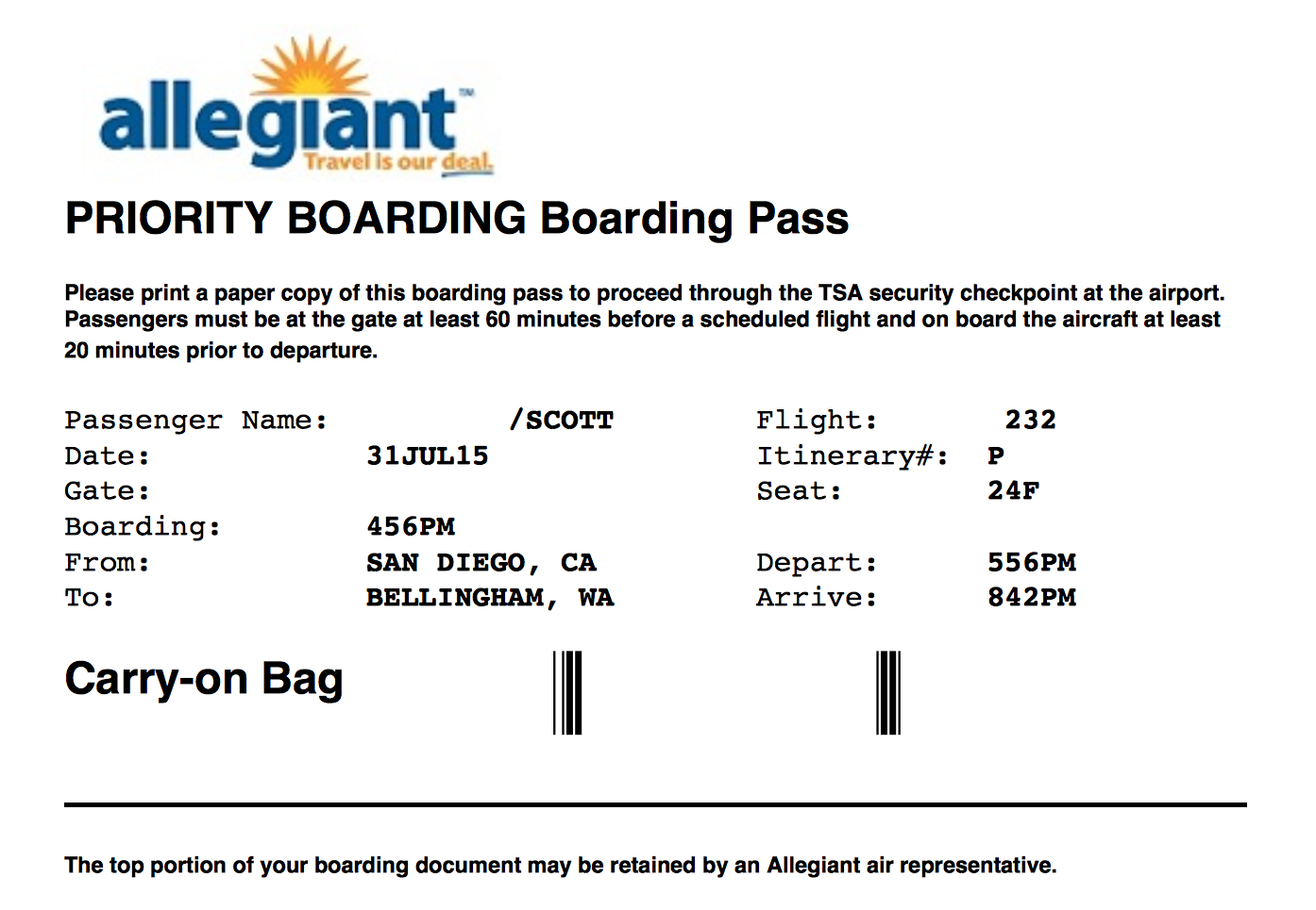 Allegiant Air A319 San Diego, CA to Bellingham, WA