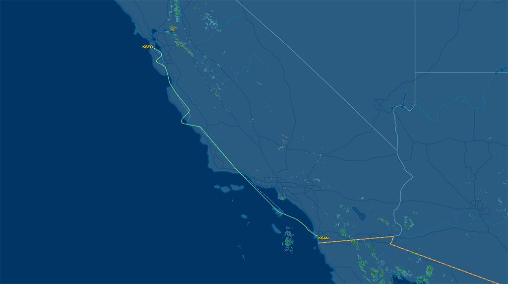 SAN to SFO air route map