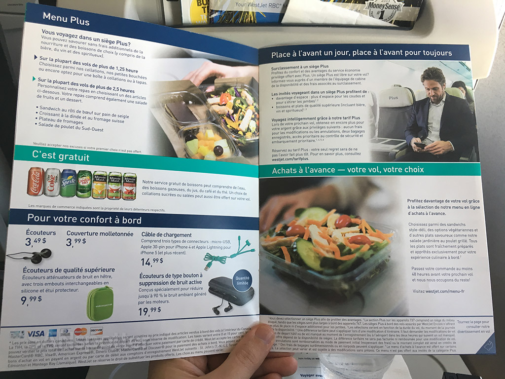 westjet in flight menu