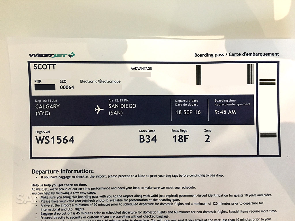 westjet YYC-SAN boarding pass