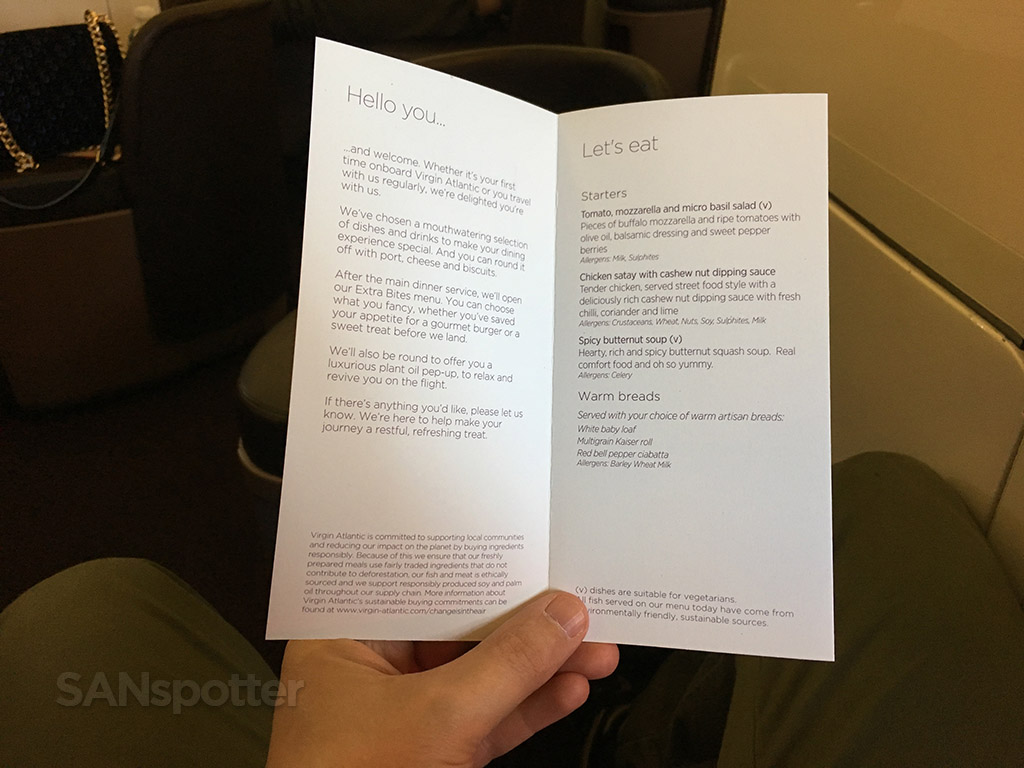 Virgin Atlantic Upper Class appetizer menu