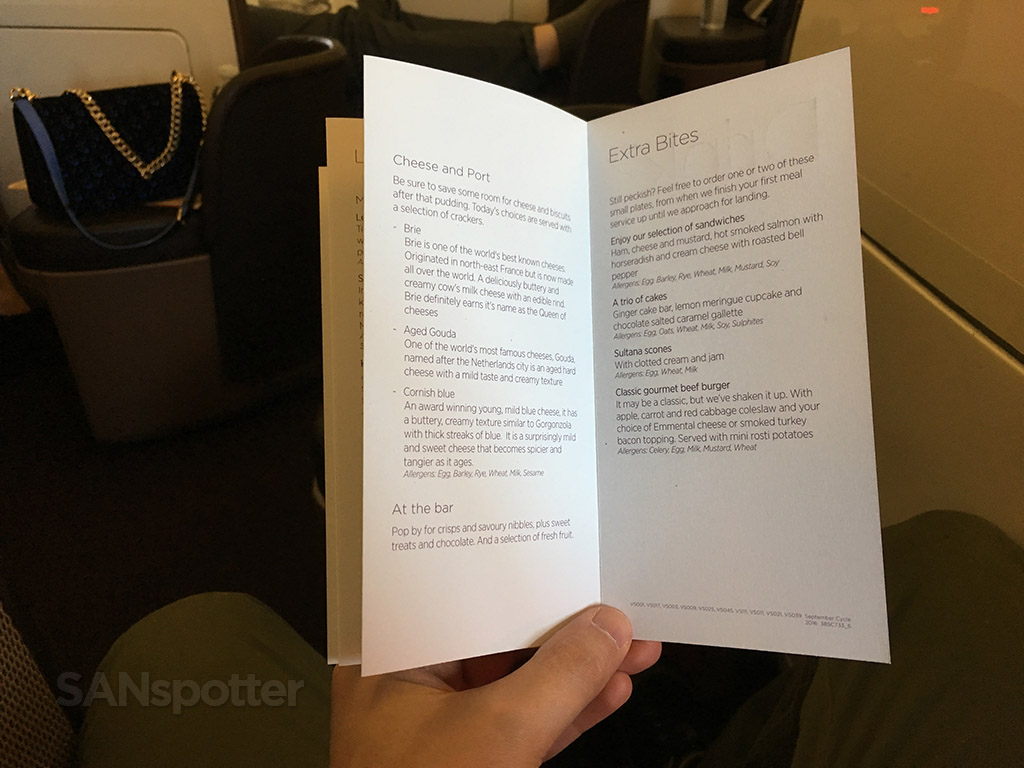 Virgin Atlantic Upper Class snack menu