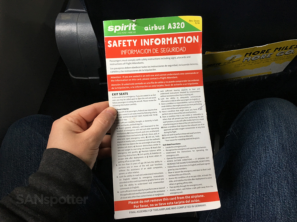 Spirit Airlines A320 safety card front cover