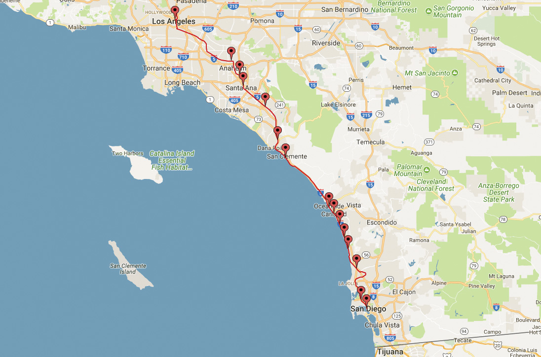 Amtrak Pacific Surfliner san diego to Los Angles route map