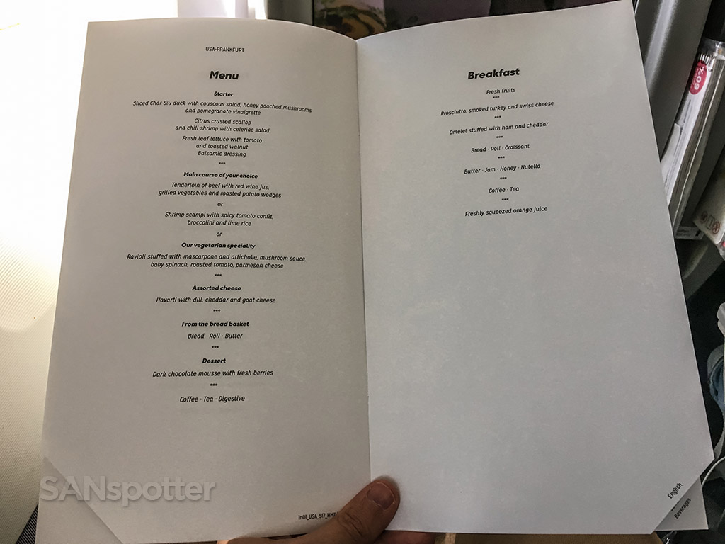 Condor business class dinner menu