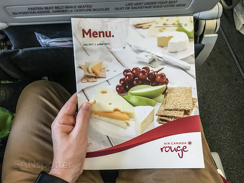 Air Canada Rouge menu