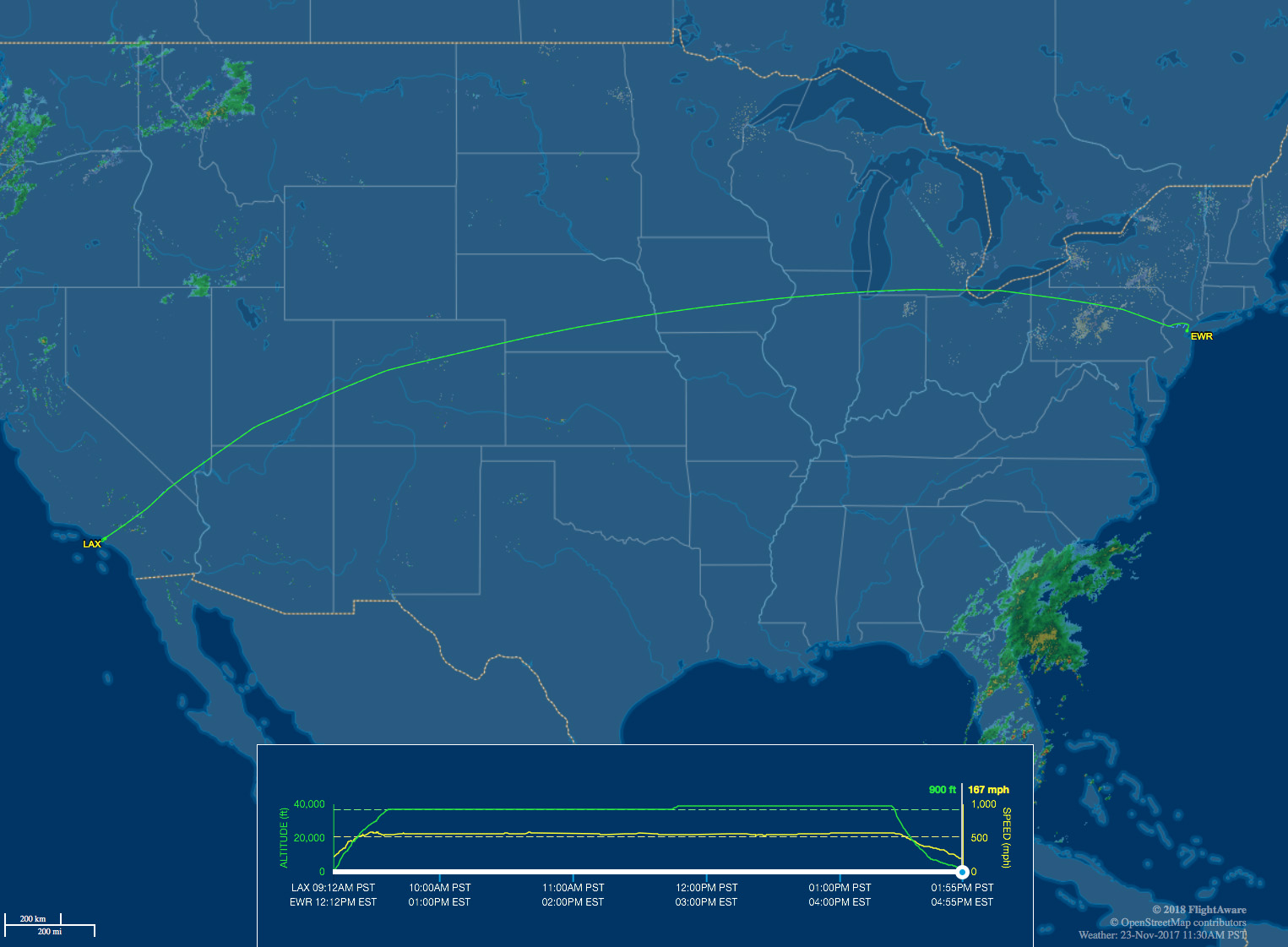 LAX to EWR route map