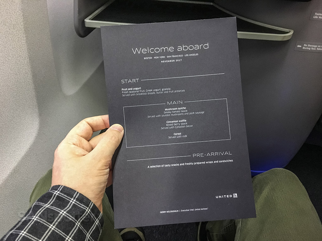 United Airlines premium trans continental business class menu