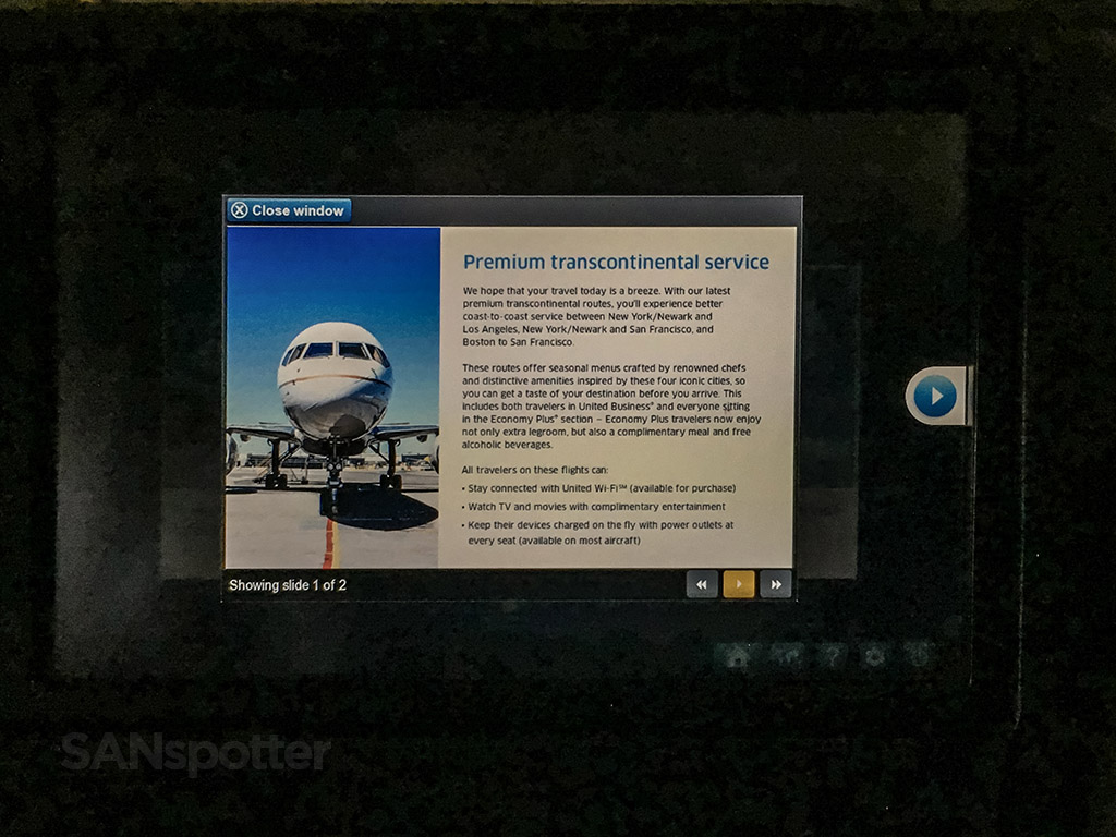 United airlines premium trans continental service business class welcome message