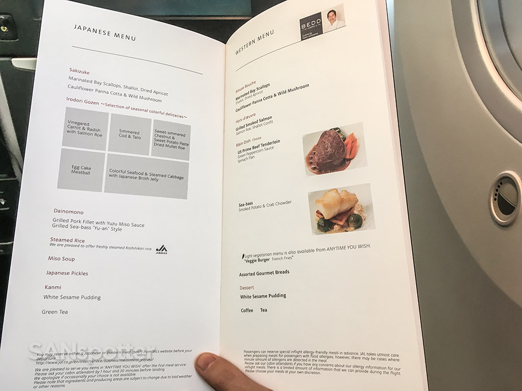 Japan Airlines business class menu options