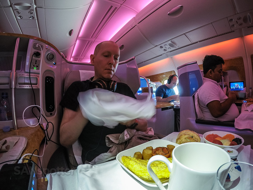 SANspotter selfie Emirates A380 breakfast 