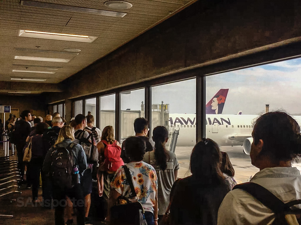 Boarding Hawaiian Airlines flight to San Diego