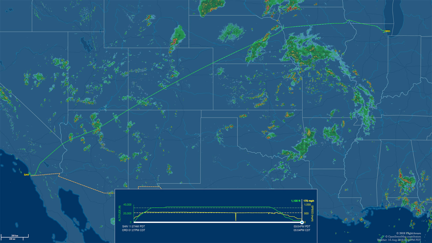 SAN to ORD route map with weather