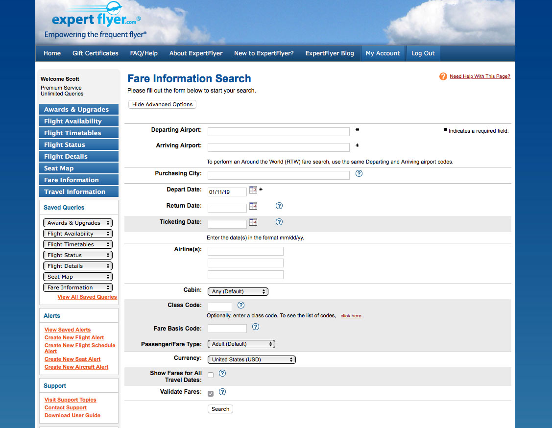 expertflyer fare search example
