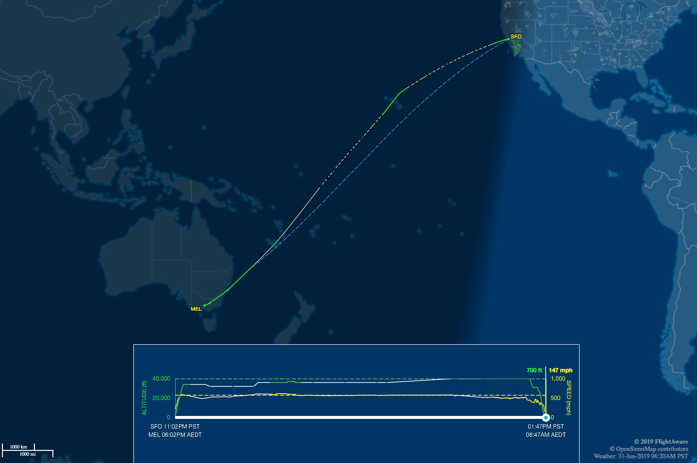 Mapa trasy z SFO do Austrálie