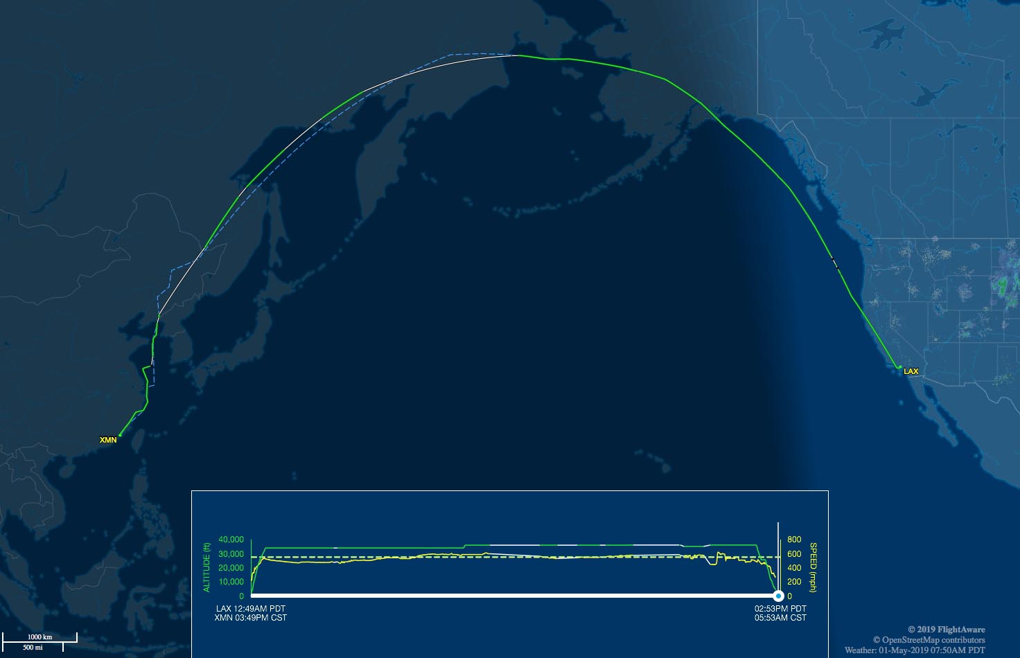 LAX-XMN flight track