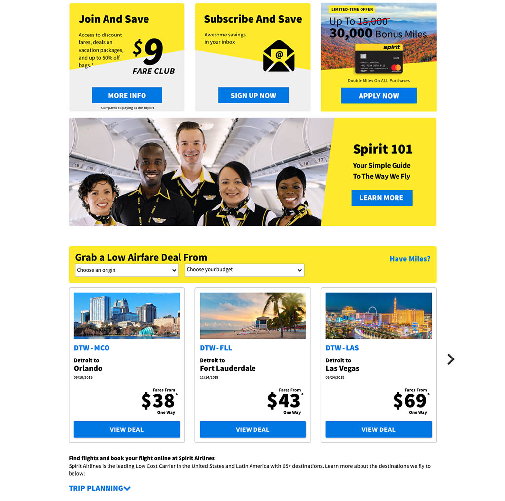 spirit airlines website screenshot