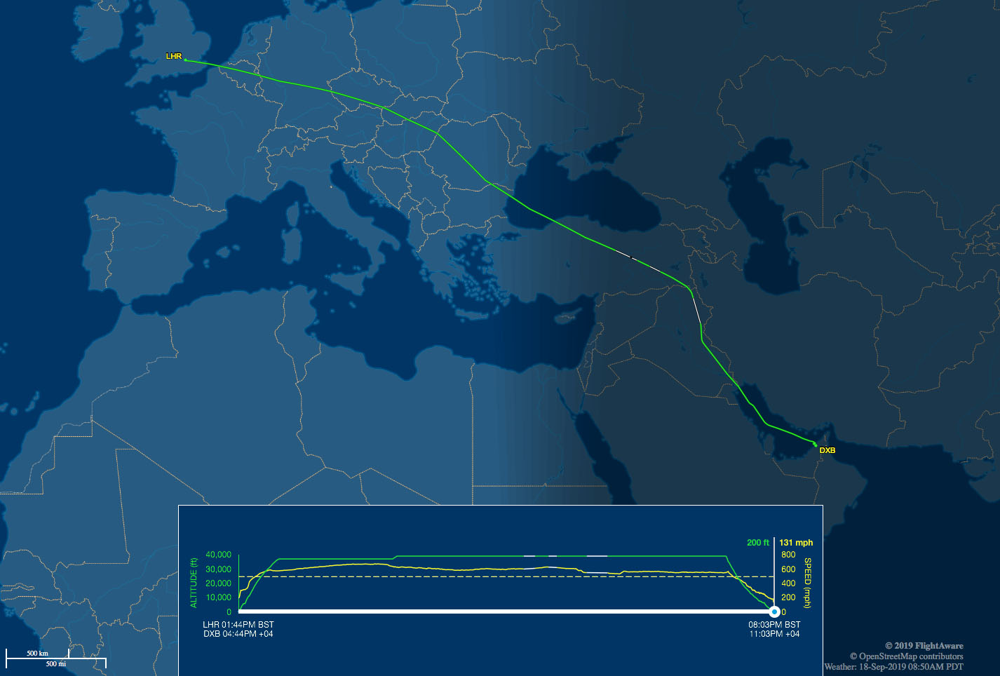 LHR-DXB flight track