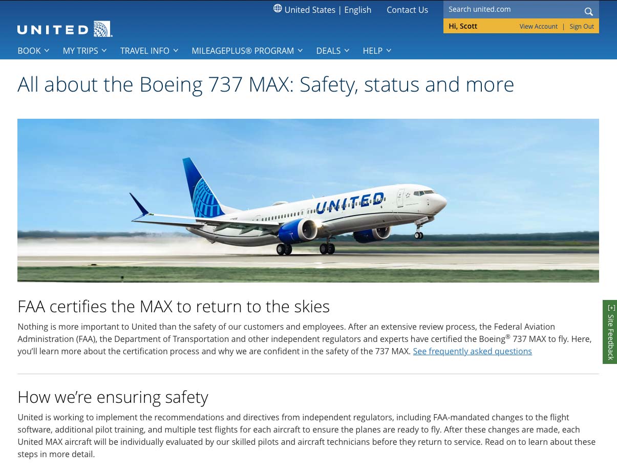 United Airlines 737 MAX resource and information page