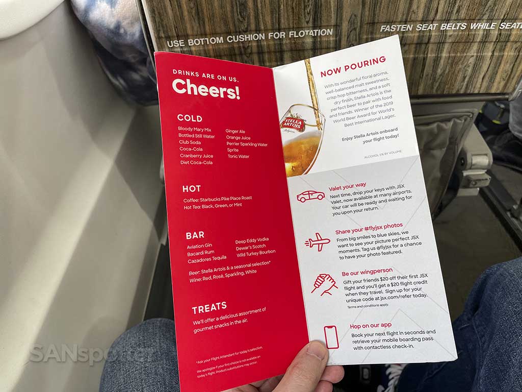 JSX in flight menu drinks and food