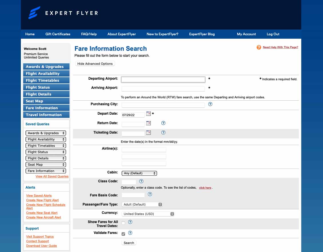 expert flyer fare information search