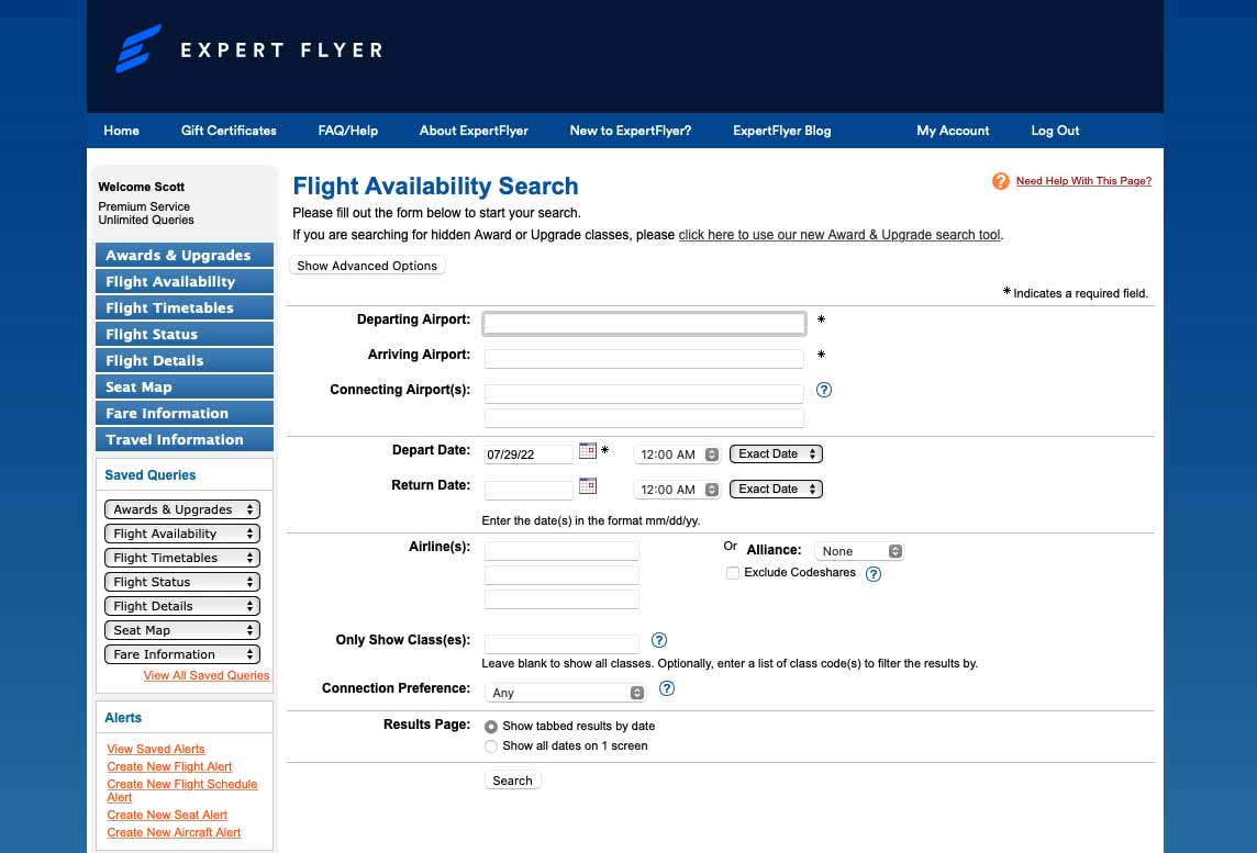 expert flyer flight availability search