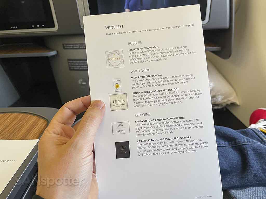 American Airlines flagship business class wine list