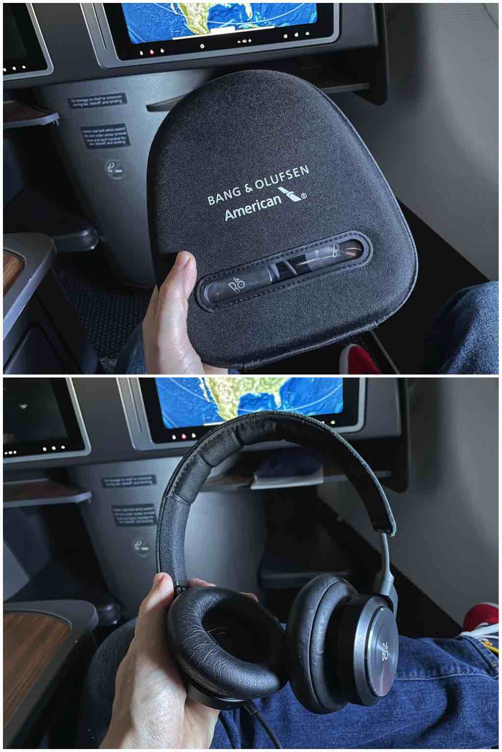 American Airlines flagship business class Bang & Olufsen noise canceling headphones