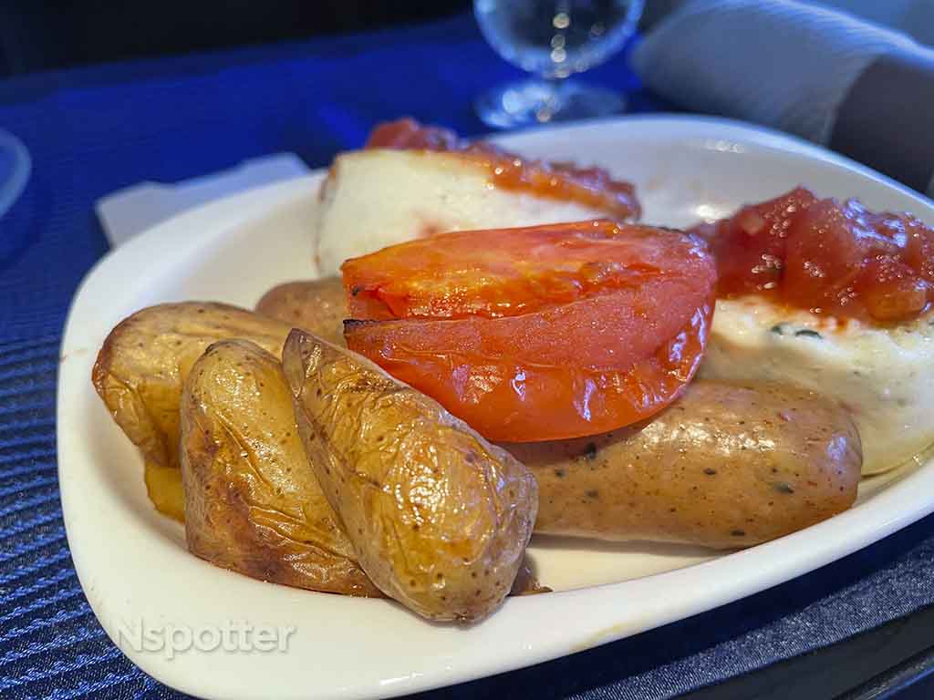 United business class eggs and sausage breakfast