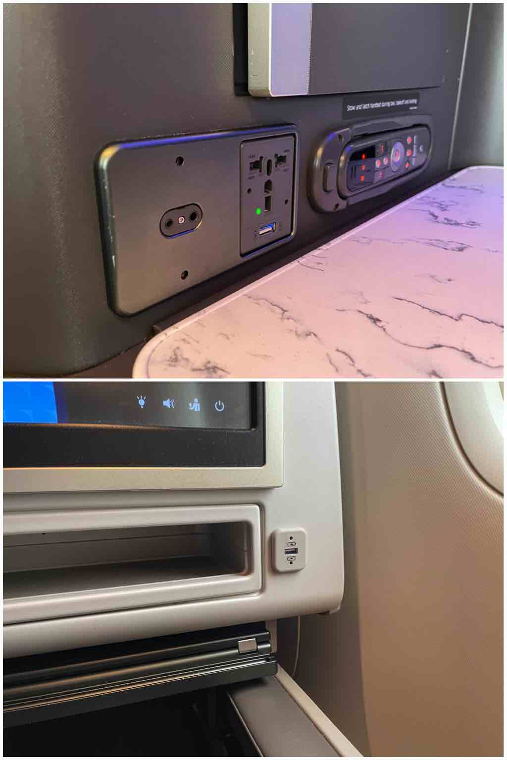 United 777-300er business class seat power ports and plugs