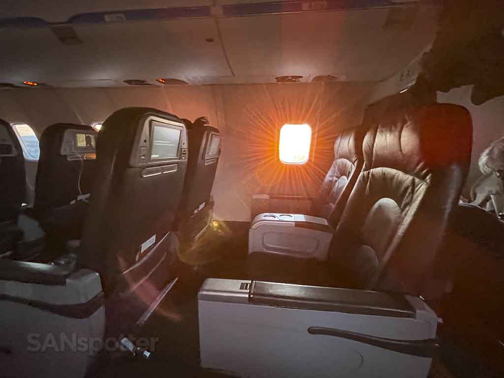 Sunset through airplane window 