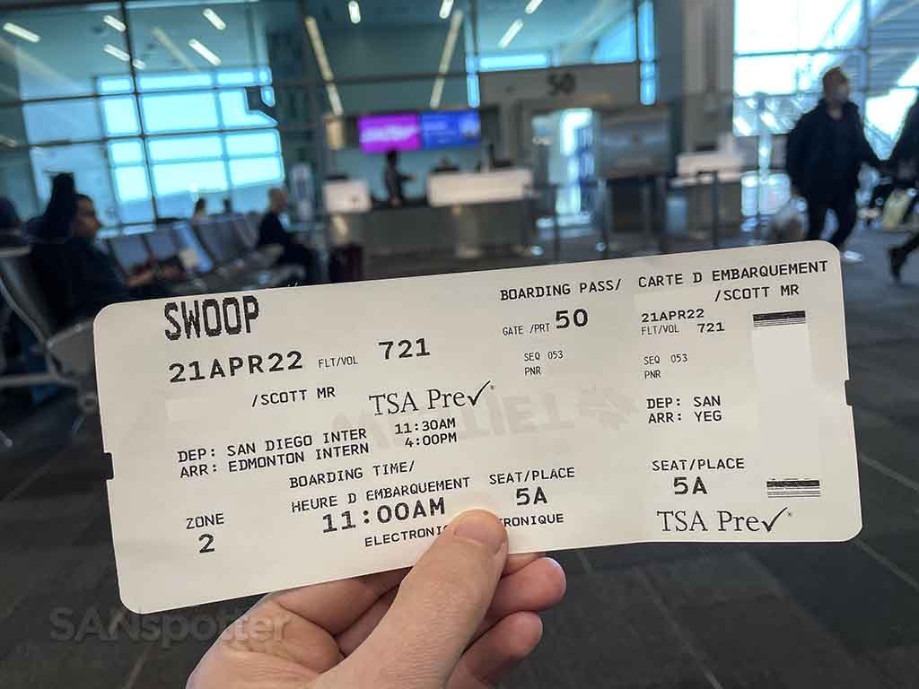 Swoop boarding pass San Diego to Edmonton 