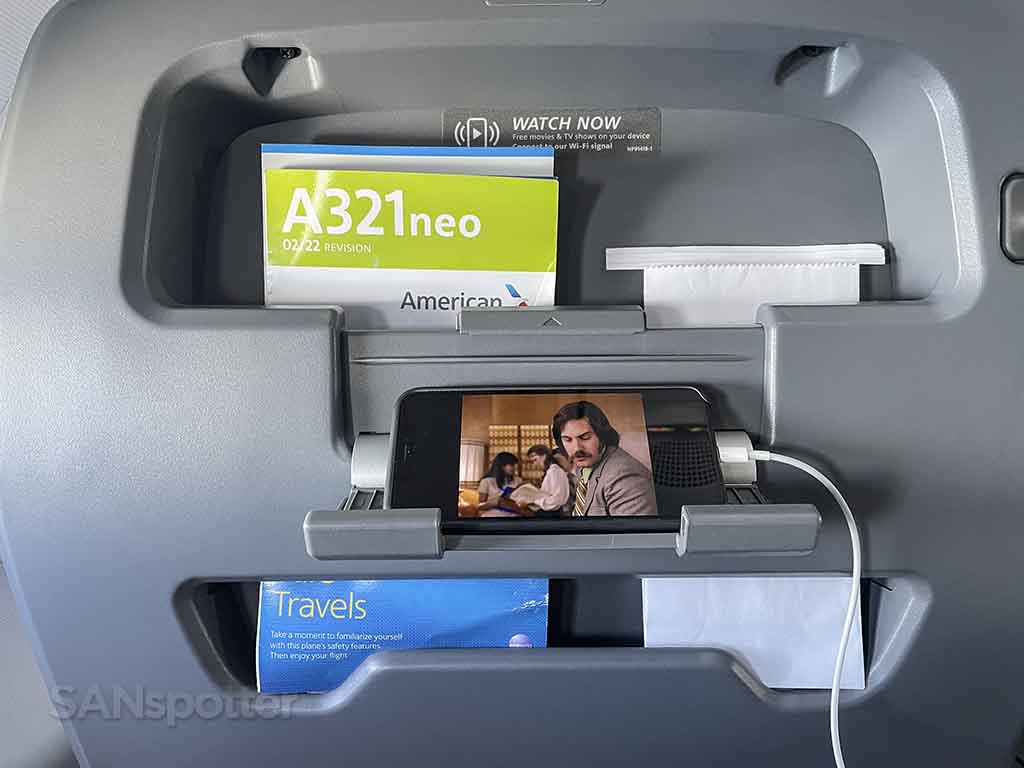 American Airlines A321neo first class tablet and phone holder