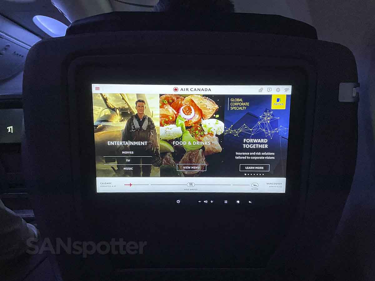 Air Canada 737 max 8 video entertainment system main menu
