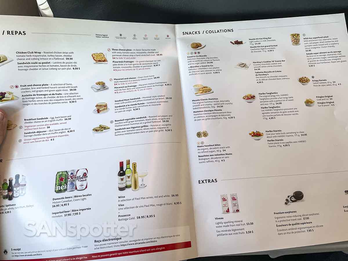 Air Canada economy class food for purchase menu 