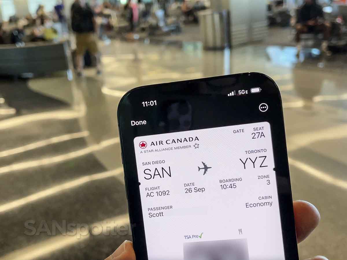 Air Canada mobile boarding pass for economy class