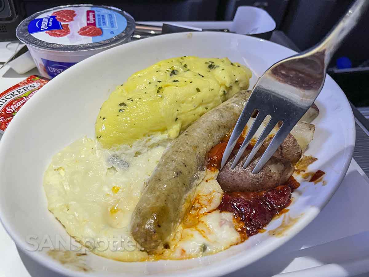 Air Canada domestic business class eggs potatoes and sausage breakfast 