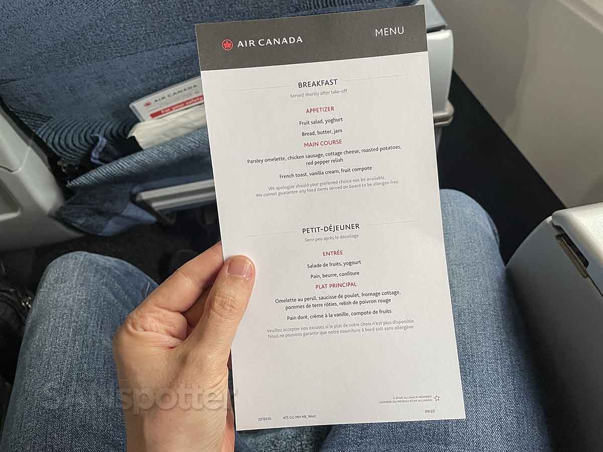 Air Canada domestic business class breakfast menu