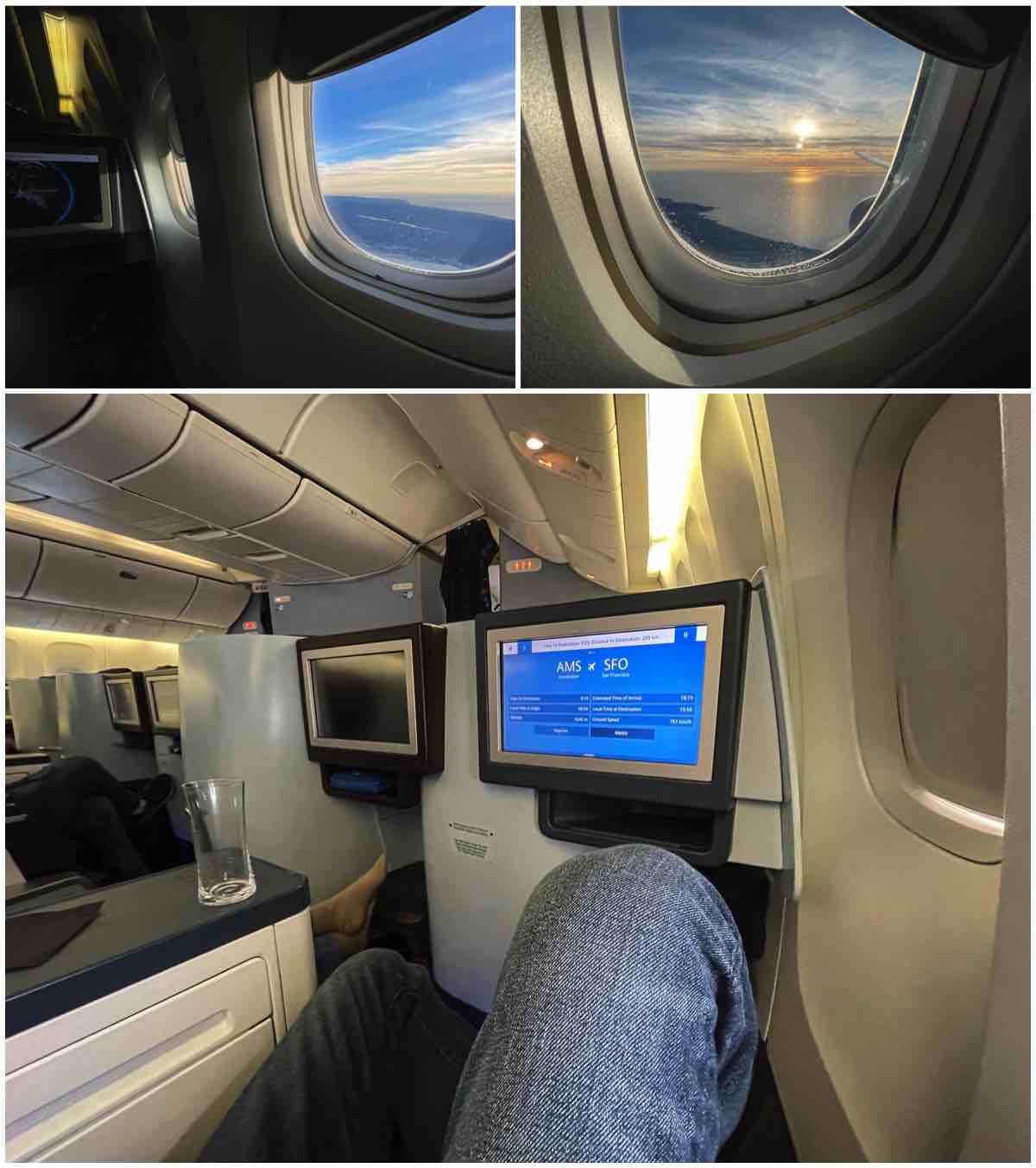 KLM 777-200 business class sunset view 