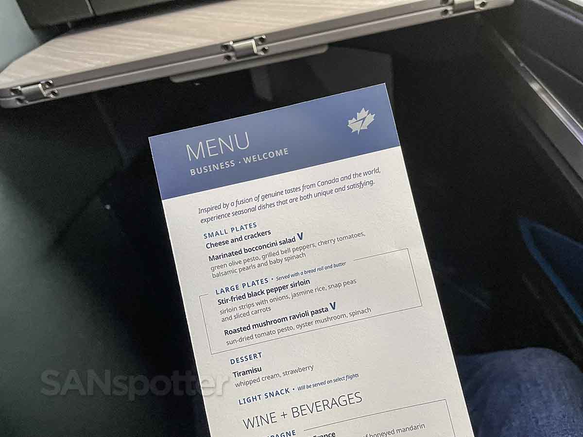 Westjet 787-9 business class menu