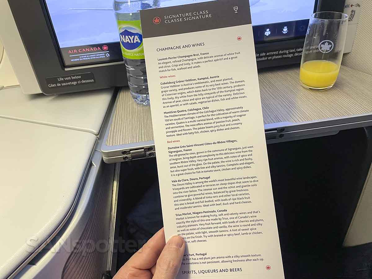 Air Canada Montreal to Paris business class wine list