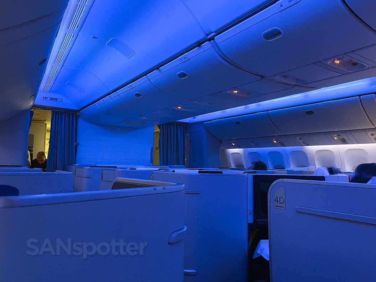 Air Canada 777-300 business class cabin blue mood lighting 