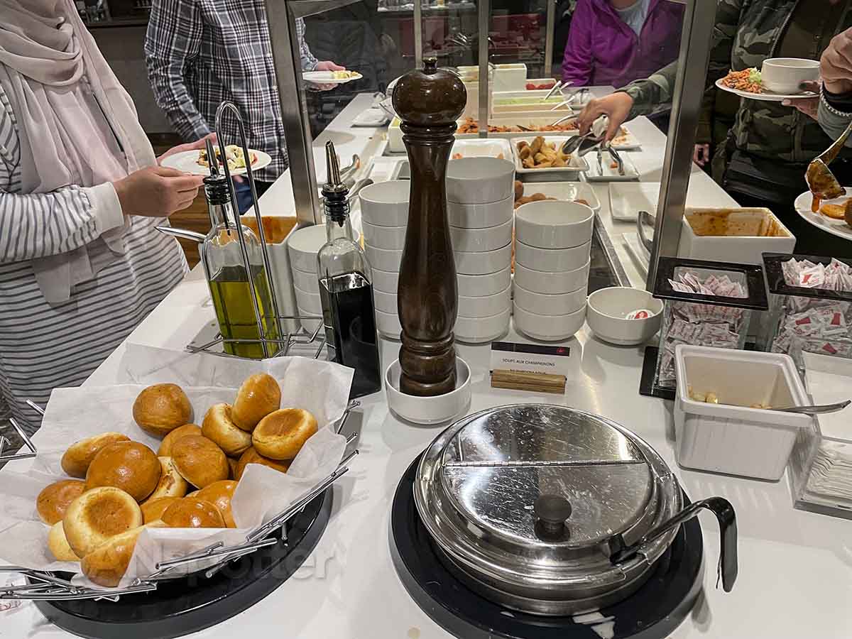 Air Canada Montreal business class lounge soup and salad bar