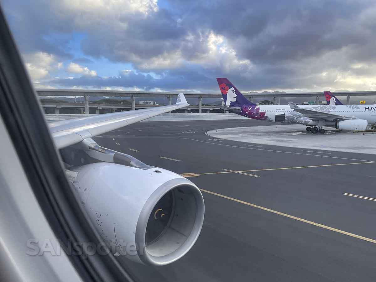 Hawaiian Airlines A330-300 pushing back from gate A8 HNL airport 