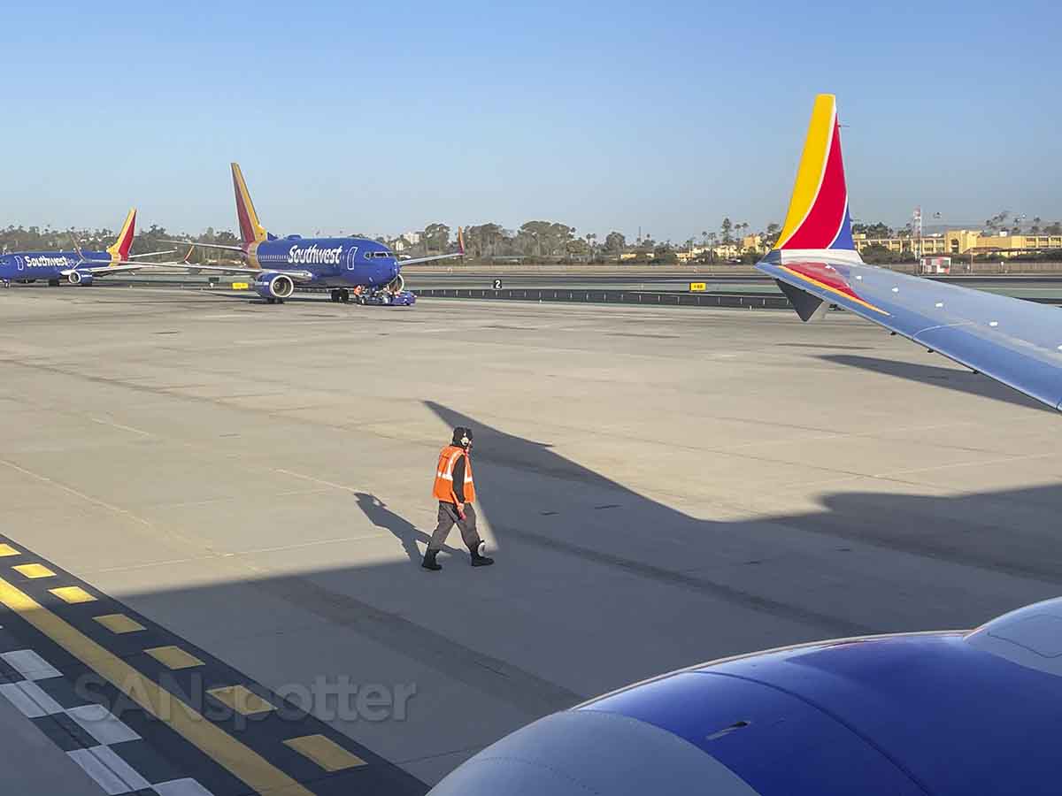 Southwest 737 MAX 8 pushing back from gate SAN