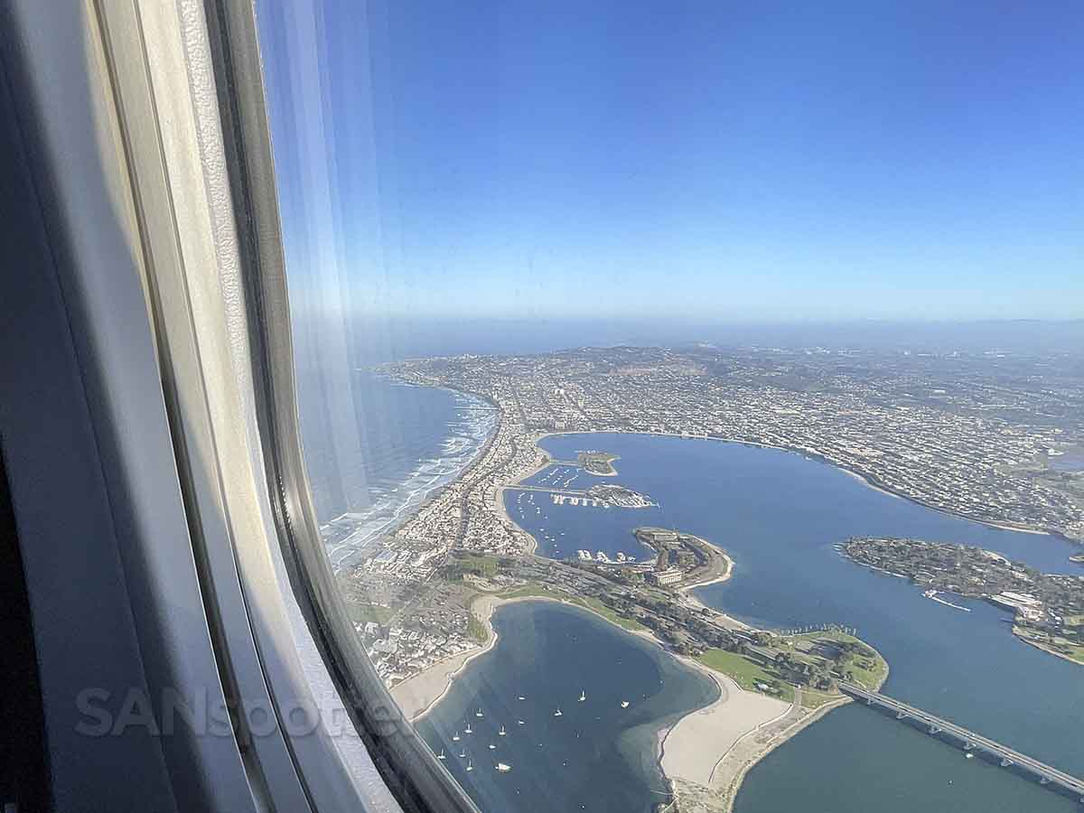 Views of mission bay, pacific beach, and La Jolla after takeoff from San Diego airport