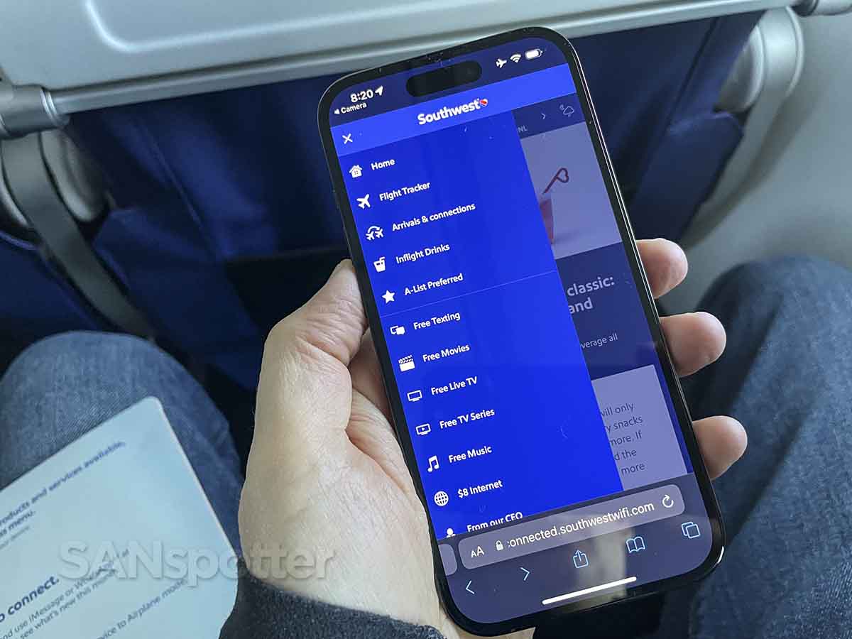 Southwest Airlines in flight entertainment menu