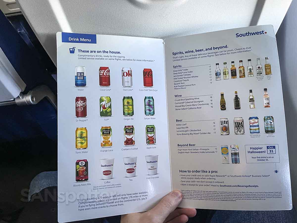 Southwest Airlines drink menu